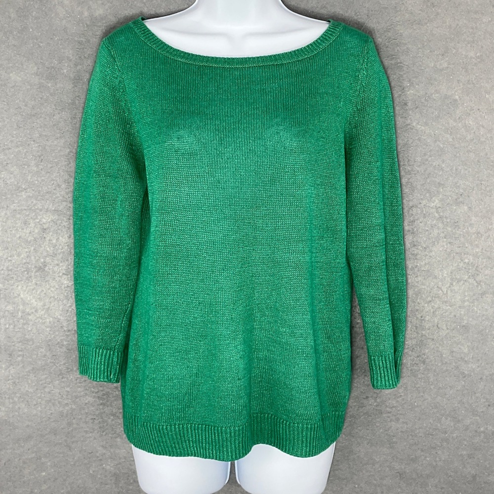 Talbots Sweater Women Petite Sz S Kelly Green Linen Boatneck 3/4 Sleeve Knit